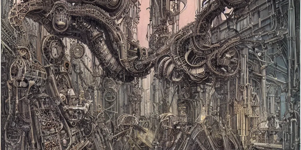 Prompt: steampunk designed by h. r. giger,, architecture, painted by moebius and jean - michel charlier, colorful, extremely detailed faces, intricate linework, smooth, super sharp focus, colorful, high contrast, matte