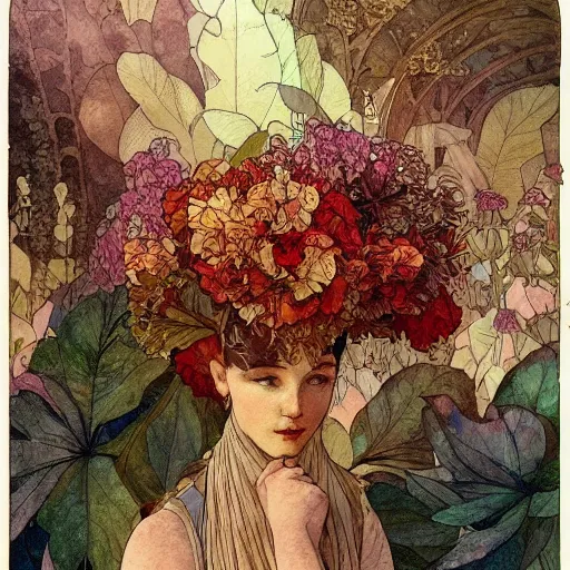 Prompt: a beautiful intricate watercolor illustration of a kitchen flowers, leaves, 4 k, ultra - wide angle, by william turner, by victo ngai, by alphonse mucha, by moebius, by gustave dore, hd, trending on artstation, hyper detailed, muted intense colors