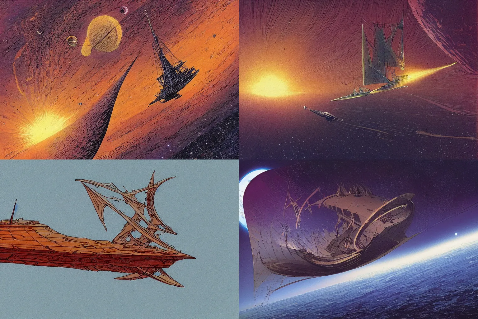 Prompt: detailed concept art of a large wooden carrack sail ship in orbit around a planet, expressive, false color star field, sci-fi, by moebius