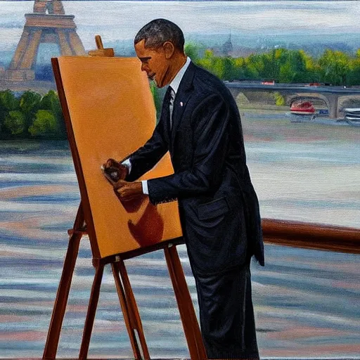 Prompt: obama is dressed as a gentleman at early 2 0 th century paris. he is watching an easel. that easel has a canvas on it. barack obama has a brush on his hand. he is painting a painting. there is a small brown cat with yellow eyes on barack obamas feet. on background has river seine, morning sun, dark clouds, lightning, by frank miller