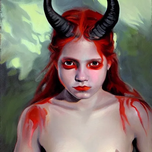 Prompt: painted portrait of a young demon girl with goat horns and red skin. oil painting, fantasy art by greg retkowski and john singer sargent, character design