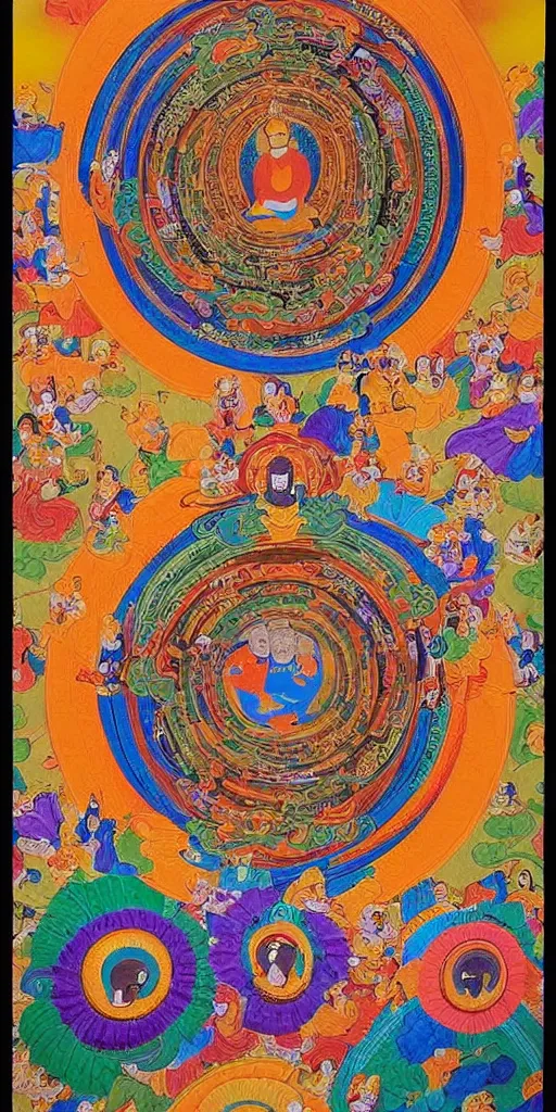 Image similar to The painting shows the Buddha Lotus in the center of a mandala. He is surrounded by a group of bodhisattvas and other figures. The whole painting is done in a bright, colorful style. by a Tibetan artist in the 13th century., Tibetan art, Thangka painting, Buddhist art.