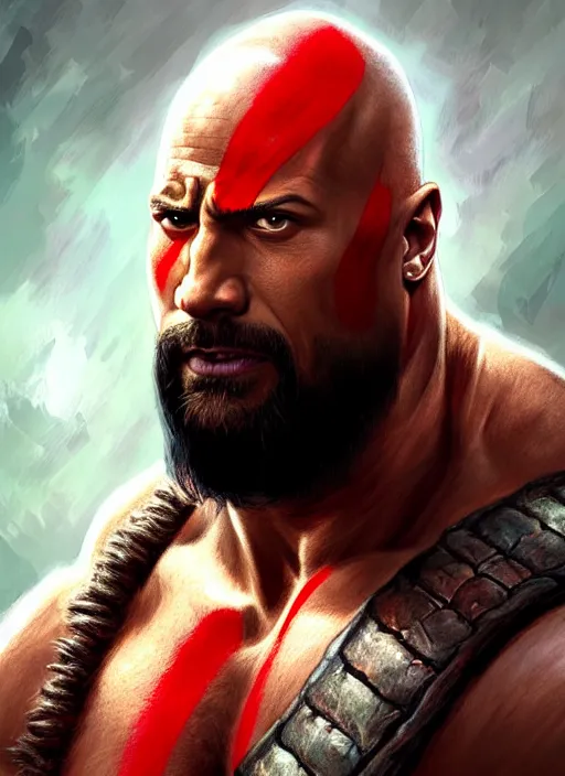 Prompt: portrait ofdwayne johnson as kratos, d & d, muscular! fantasy, intricate, elegant, highly detailed, digital painting, artstation, concept art, smooth, sharp focus, illustration, art by artgerm and greg rutkowski and alphonse mucha