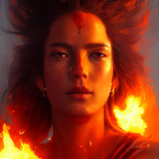 Prompt: a beautiful portrait of a fire goddess, flaming background, a detailed painting by greg rutkowski and raymond swanland, featured on cgsociety, fantasy art, detailed painting, artstation hd, photorealistic