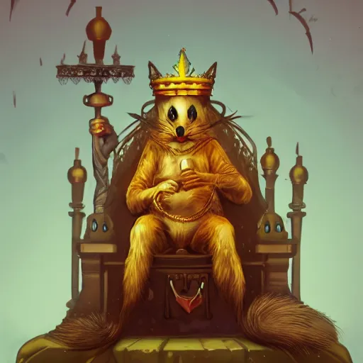 Image similar to a sewer rat wearing a golden crown, on a throne's seat, prize winning, trending on artstation, fantasy illustration, warm tones, comedic, digital art