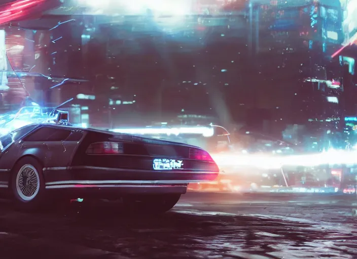 Image similar to a cyberpunk delorean breaking the space - time continuum, energy and time particles, dramatic framing, movie footage, 8 k