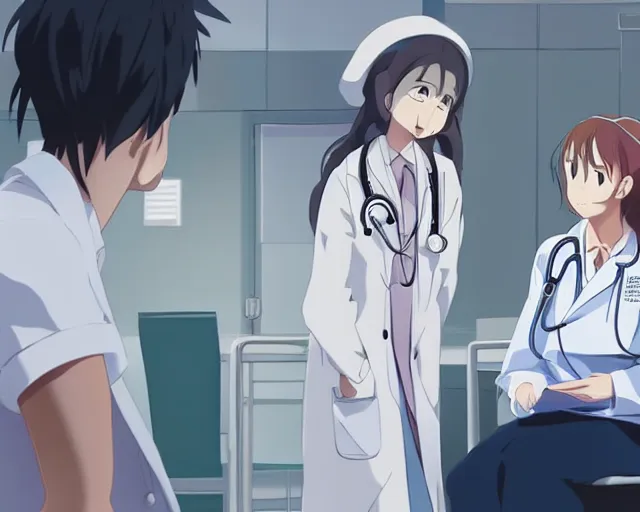 Prompt: a cute and beautiful young female doctor wearing white coat are talking with an old professor in a hospital, slice of life anime, lighting, anime scenery by Makoto shinkai
