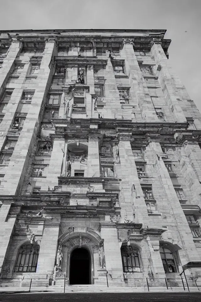 Prompt: a black and white photograph of an enormous building, official courthouse, statues looking down on the gigantic door brutalist architecture, long shot,