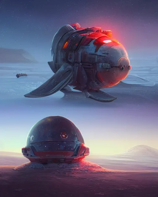 Prompt: legendary space ship, ice fish shape, desert planet, cinematic, highly detailed, scifi, intricate digital painting, sunset, red glow, illustration, artstation, by johnson ting, jama jurabaev