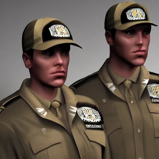 Prompt: ( ( beige ) ) zombie uniform and caps zombie security officers trending on artstation very realistic proportional accurate high detail 4 k 8 k hd