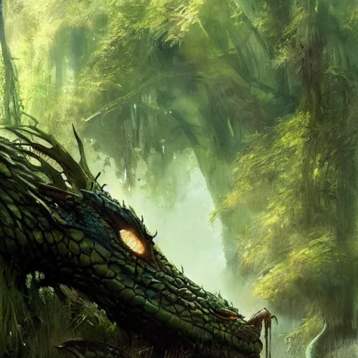 Image similar to green dragon sleeping in a swamp, fantasy, dnd, art by greg rutkowski