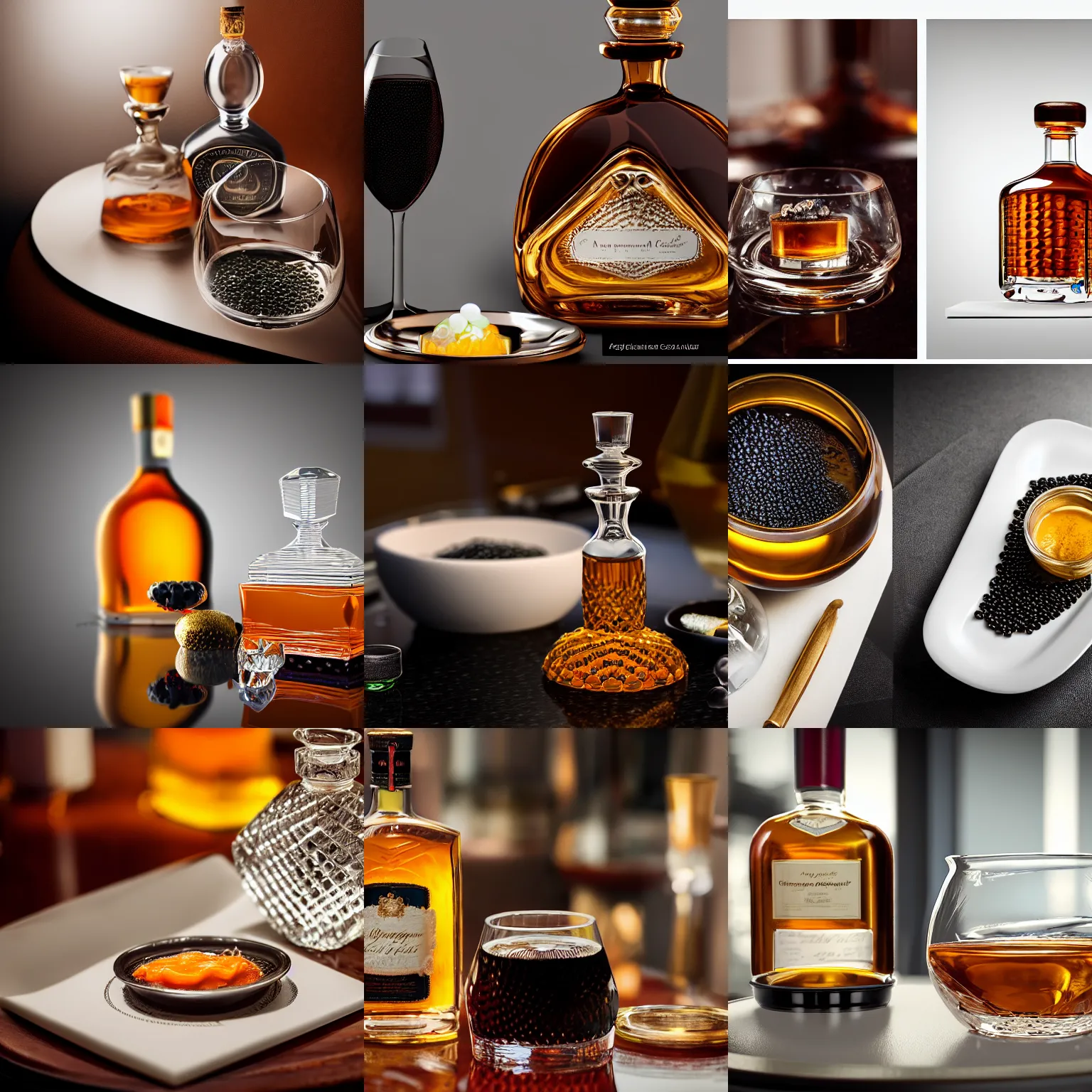 Prompt: a closeup photorealistic photograph of a classy lady and an armagnac decanter next to bowl of fresh caviar. this 4 k hd image is trending on artstation, featured on behance, well - rendered, extra crisp, features intricate detail and the style of unreal engine.