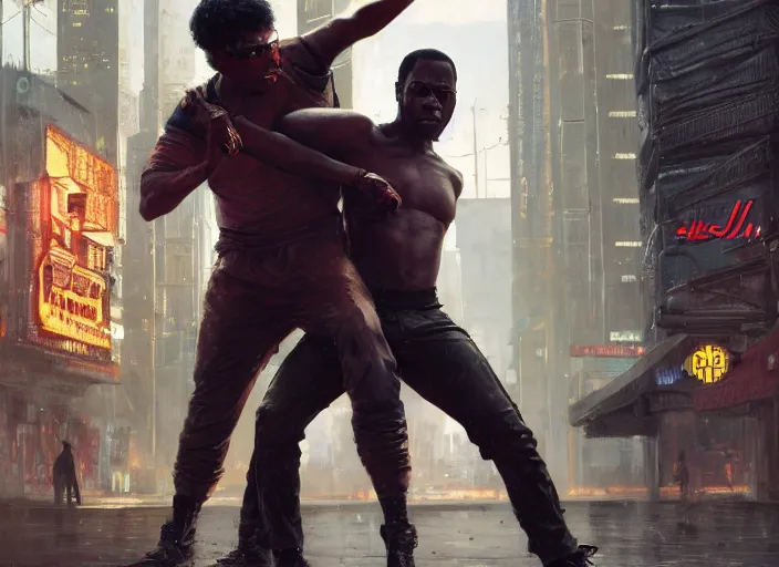 Image similar to chidi demonstrates skills in cyberpunk jujitsu match ( blade runner 2 0 4 9, dystopian, cyberpunk 2 0 7 7 character design ). orientalist portrait by john william waterhouse and james gurney and theodore ralli and nasreddine dinet, oil on canvas. cinematic, hyper realism, realistic proportions, dramatic lighting, high detail 4 k