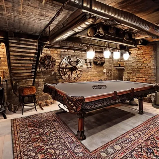 Prompt: a steampunk themed basement