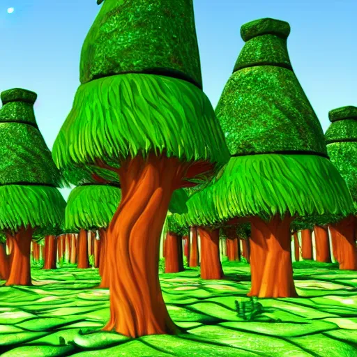 Image similar to forest of many 3 d cartoon trees, all unique, colourful