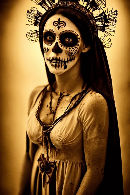 Image similar to wet collodion process, virgin mary in dia de muertos dress and make up, horrific beautiful vibe, evocative, atmospheric lighting, painted, intricate, highly detailed, leesha hannigan, wayne haag, reyna rochin, ignacio fernandez rios, mark ryden, iris van herpen, stunning, gorgeous, sharp focus, cinematic, masterpiece