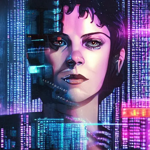 Prompt: Molly from the novel Neuromancer, beautiful woman, augmented eye implants, portrait shot, wires, cyberpunk, dramatic light, cyberpunk city in the background, movie illustration, poster art by Drew Struzan