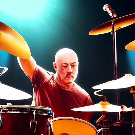 Image similar to Neil Peart as a bald guy with a beard playing drums on stage, hyper realistic, extremely detailed, soft lighting