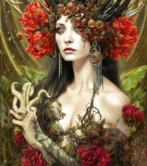 Image similar to portrait of the supreme queen of the blood cult, surrounded by skulls and overgrowth and dark flowers by karol bak, Akihiko Yoshida, Yoshitaka Amano,Marc Simonetti, WLOP, James Jean!, tom bagshaw, rococo, trending on artstation, fantasy magic fashion queen, glossy eyes, face, elegant, highly detailed, digital painting, concept art, smooth, sharp focus, illustration, cinematic lighting, hyper realism, octane render, 8k, hyper detailed.