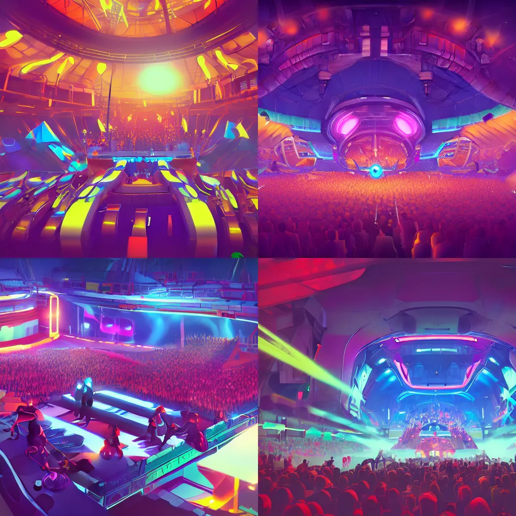 Prompt: a stylized futuristic concert arena concept art, vibrant colours, large crowd, digital key art, artstation, overwatch, valorant,