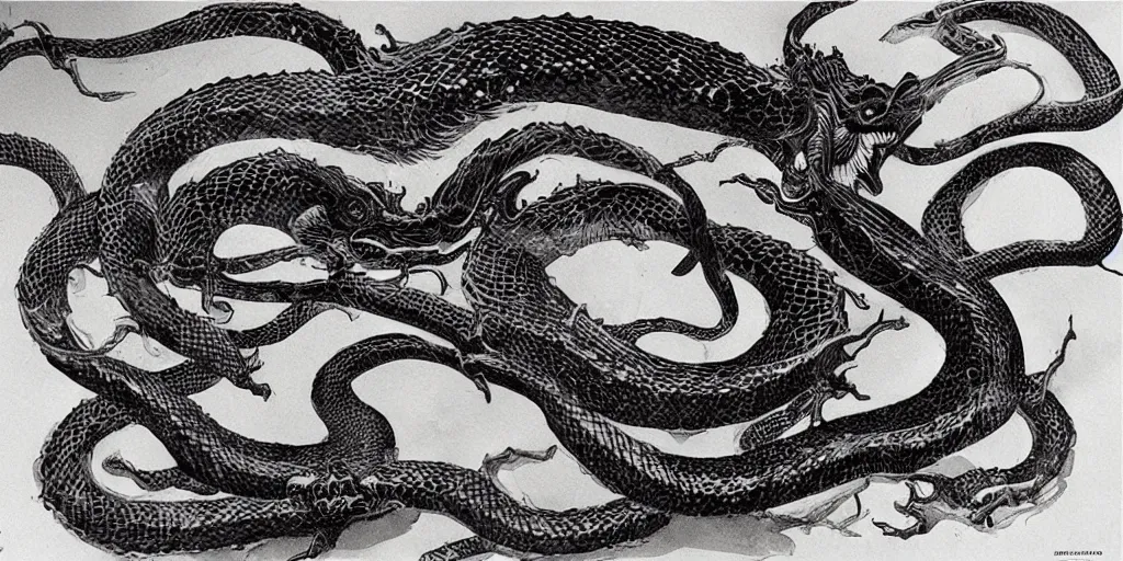 Image similar to a brilliant epic ink sketch of a chinese snake by roger dean in the style of baroque art, very, very aesthetic