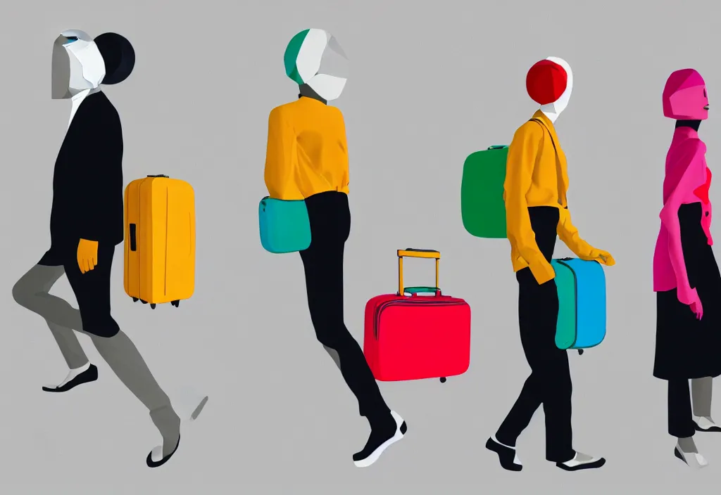 Image similar to full body portrait of a duo of european tourists travel apparel, various poses walking and carrying luggage, geometric character designs painting, in the style of wes anderson, rene magritte, lola dupre, david hockney, isolated on white background, dark monochrome neon spraypaint accents octane render