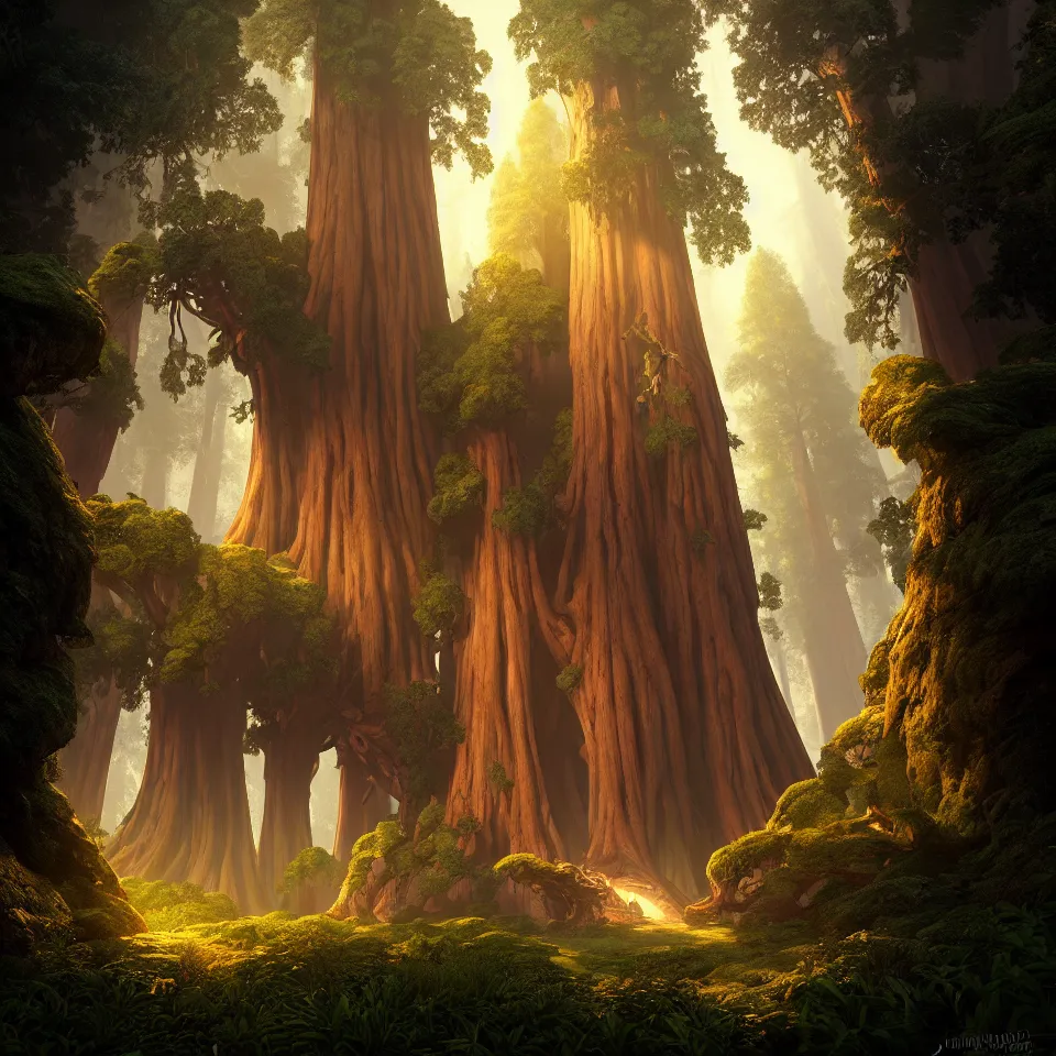 Image similar to random mystic sequoia forest giant house close - up fabulous portal, incredible, vector art, octane render, fabulous, hyper detailed, random cinematic view, no noise, global illumination, warm lighting, volumetric, godrays, vivid, beautiful, by jordan grimmer