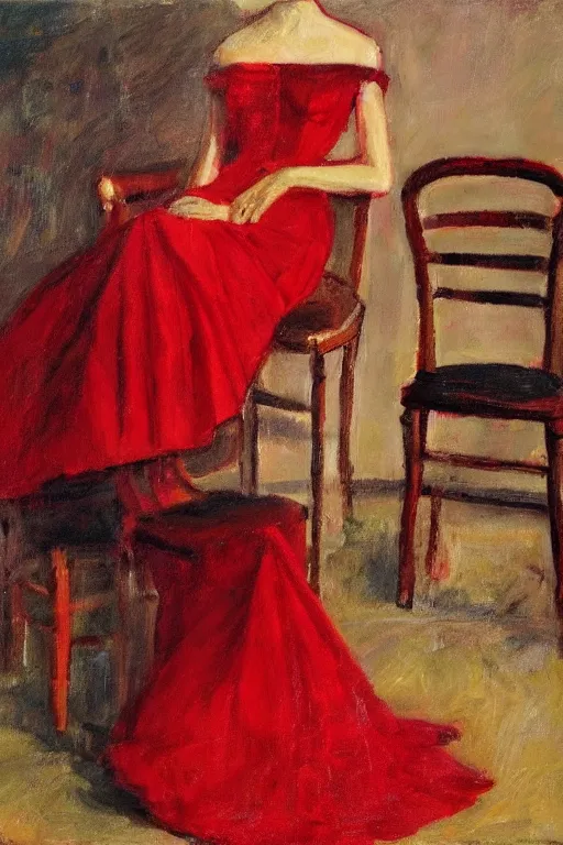 Prompt: an unworn red dress laid across a chair in a dark victorian era room. in the style of american impressionism painting. triadic color scheme