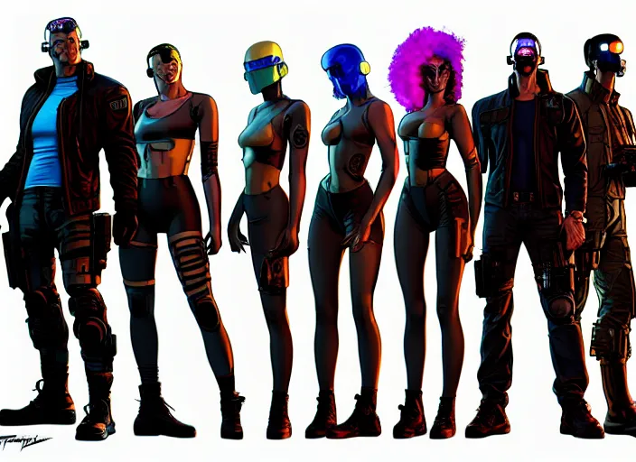Image similar to cyberpunk infiltration team. portrait by stonehouse and mœbius and will eisner and gil elvgren and pixar. character design. realistic proportions. cyberpunk 2 0 7 7 character art, blade runner 2 0 4 9 concept art. cel shading. attractive face. thick lines. the team. diverse characters. artstationhq.