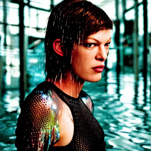 Image similar to cinestill 5 0 d candid photographic portrait by stanley kubrick of milla jovovich wearing rugged black mesh techwear in treacherous waters, flooded city, medium closeup, retrofuturism cyberpunk moody emotional cinematic, pouring iridescent rain, 8 k, hd, high resolution, 3 5 mm, f / 3 2, ultra realistic face, ex machina