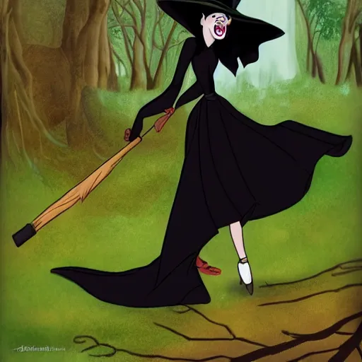 Prompt: don bluth style, witch, green skin, black dress, ugly face, high definition, black witch hat, riding on a broom stick, in the woods
