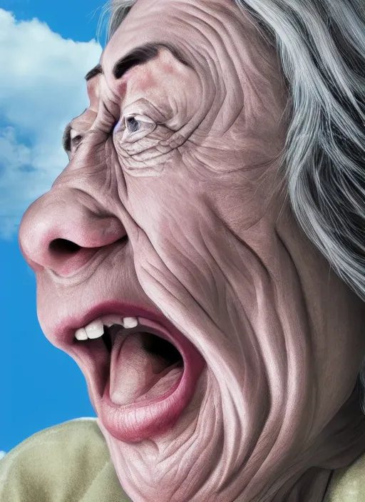 Prompt: screaming a hyper realistic ultra realistic photograph of the 1000 foot tall grandma, highly detailed, 8k photo