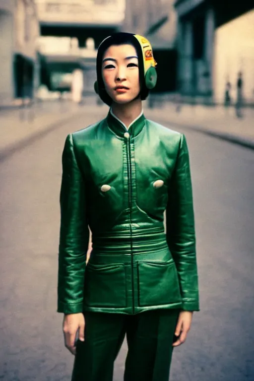Prompt: ektachrome, 3 5 mm, highly detailed : incredibly realistic, youthful asian demure, perfect features, mild buzz cut, beautiful three point perspective extreme closeup 3 / 4 portrait photo in style of chiaroscuro style 1 9 7 0 s frontiers in flight suit cosplay paris seinen manga street photography vogue fashion edition