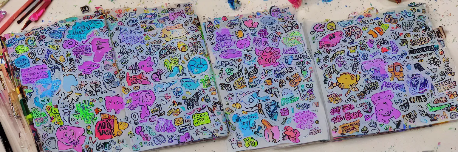 a school notebook covered in stickers holographic, Stable Diffusion