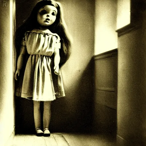 Image similar to creepy vintage doll in darkly lit hallway photo by william mortensen