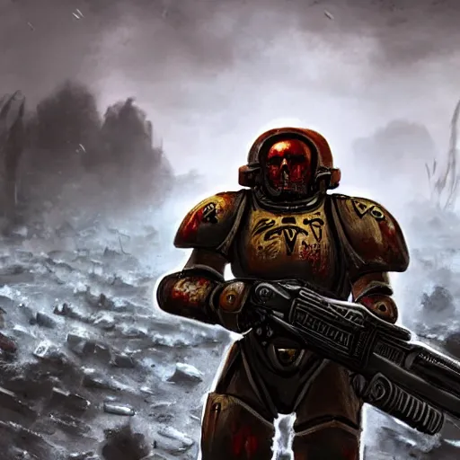 Image similar to heavy armor soldier wearing space marine like armor but in real life, walking in a river of blood full of human bloody dead bodies and human parts, shooting with his gun, explosions in background, painting style