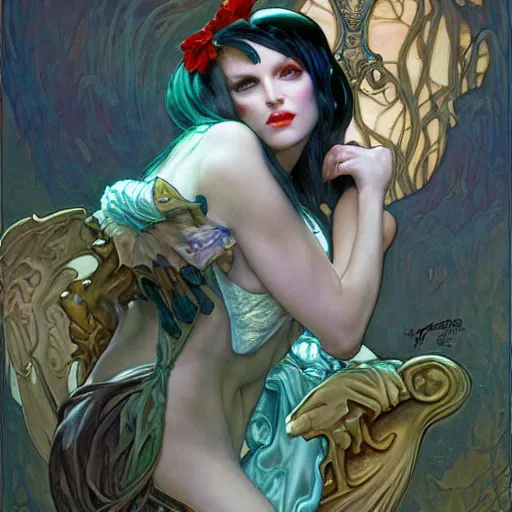 Image similar to Morrigan from Darkstalkers drawn by Donato Giancola and Tom Bagshaw, face by Artgerm, overall design by Alphonse Mucha, background by James Jean and Gustav Klimt, light by Julie Bell, 4k, porcelain skin, komorebi, french nouveau, trending on artstation, octane render, hyperrealistic
