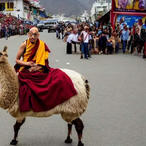 Prompt: photograph of the dalai lama riding a llama in lima