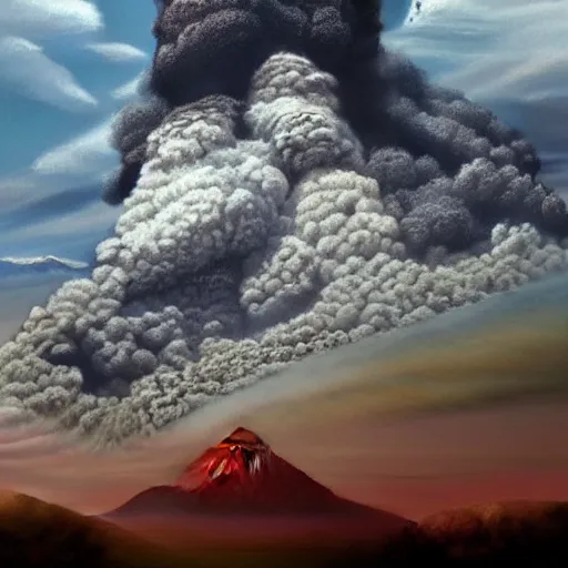 Image similar to photo realistic art of t-rex roaring, Volcano erupting far in the background, very very very very detailed