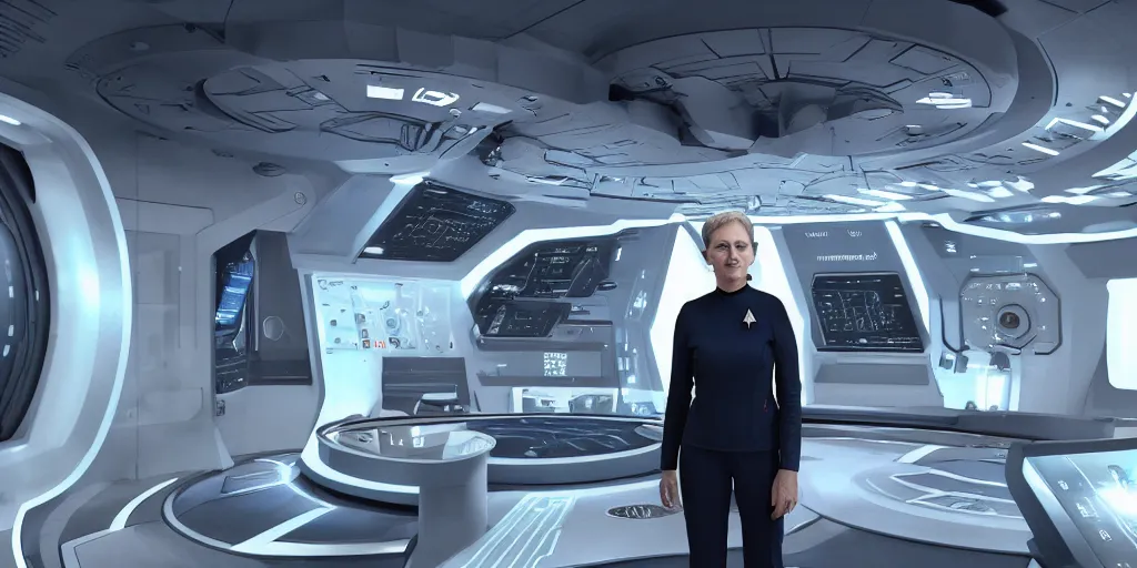 Image similar to a woman in a star trek uniform standing in front of a machine, a screenshot by René Auberjonois, cg society contest winner, retrofuturism, uhd image, elite, sci-fi