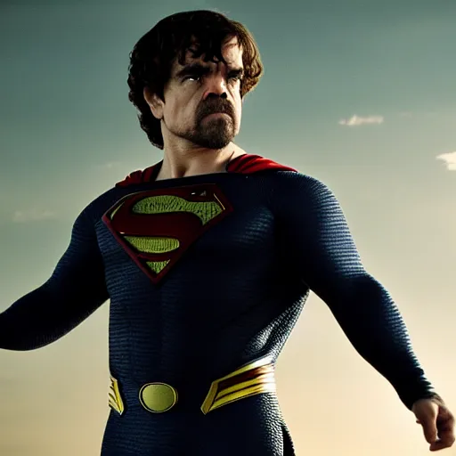 Image similar to stunning awe inspiring peter dinklage as superman, movie still 8 k hdr atmospheric lighting