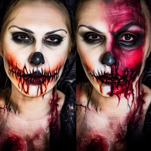 Prompt: closeup scary and gory halloween makeup, ( eos 5 ds r, iso 1 0 0, f / 8, 1 / 1 2 5, 8 4 mm, postprocessed, 4 k, postprocessed, crisp face, facial features )