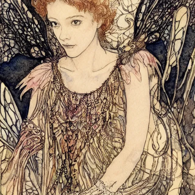 Image similar to a detailed, intricate watercolor and ink portrait illustration with fine lines of young 1 4 year old scarlett johannson as a fairy with dragonfly wings wearing a peasant dress, by arthur rackham and edmund dulac and lisbeth zwerger