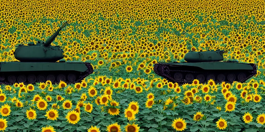 Image similar to russian tank burning in the middle of sunflower field, blue sky