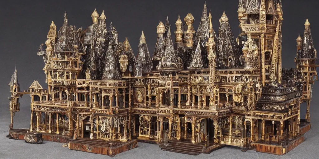 Prompt: an incredibly hyper realistic photorealistic polished sandalwood & rosewood gothic hotel encrusted with fine detailed intricate priceless gems & jewels