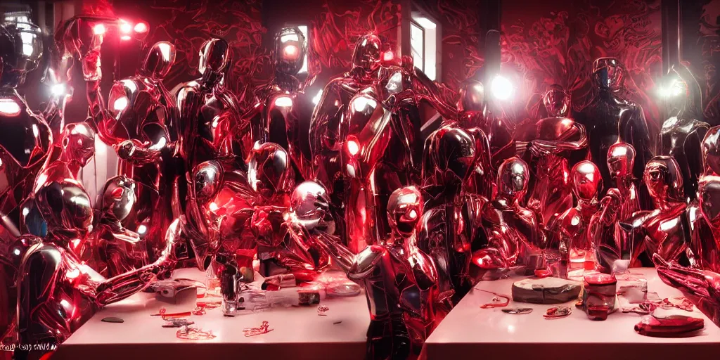 Image similar to !13 diverse cybersuits on !one_side of a reflective !metal table, !!posing_as_last_supper cinematic lighting, detailed glowing red implants, satin, crystal, liquid, floating, !!highly detailed