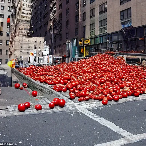 Image similar to 2 0 w 3 4 th st., new york, ny 1 0 0 0 1, united states destroyed by falling tomatoes photo realistic