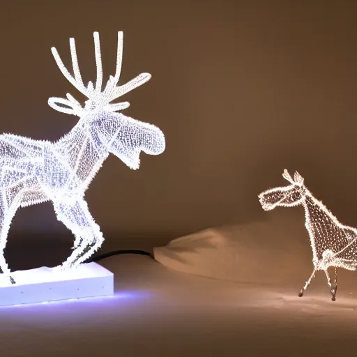 Image similar to Elegant Moose sculpture made of pure white Christmas lights, 4k, sigma 35mm