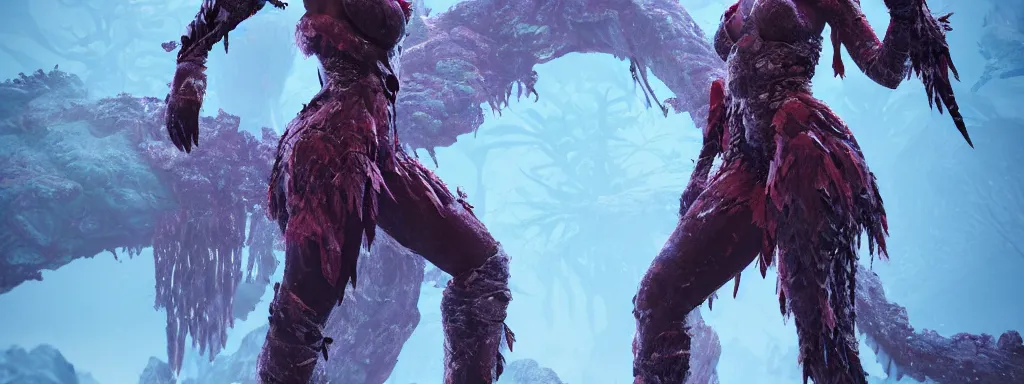 Image similar to frosty warrior woman with a body of ice, walking in a dense alien snow covered frosty jungle, with snow covered colourful red, blue and purple plants, large vines, snow covered arched organic rock structures, in the style of monster hunter world, like concept art on artstation, hyperdetailed, vray render, octane render,