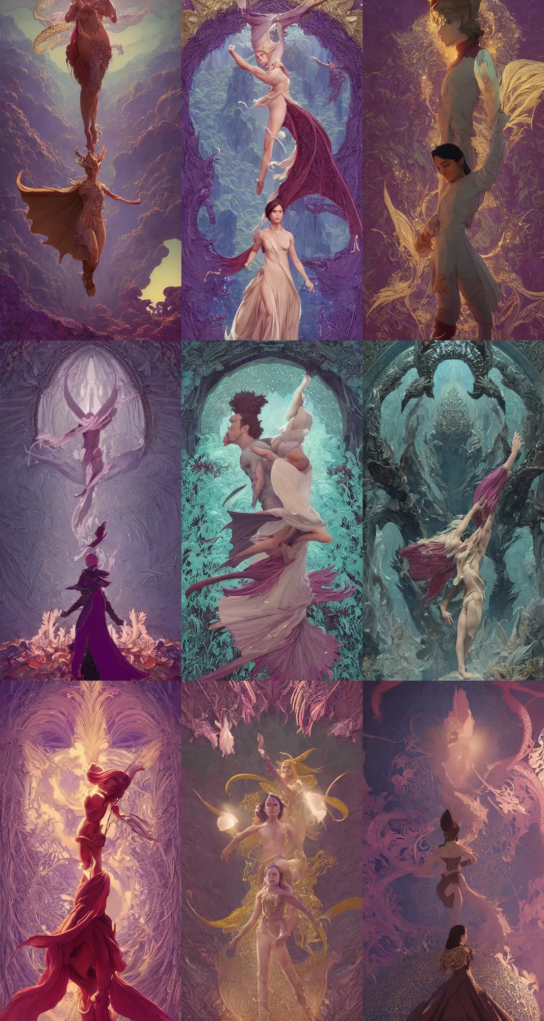 Prompt: Cinematic stills from the Netflix original series Arcane and Dragon Prince crossover, full-body, bloom, dynamic poses, diaphanous cloth, intricate crystalline and feather jewelry, ornate, filigree, arcane, cinematic lighting, by WLOP!!!!, by James Gurney!!!, Maxfield Parrish!!, portfolio illustration, highly detailed, trending on Artstation, CGsociety, HQ, 8k, 35mm lens, f2.8, Bokeh,